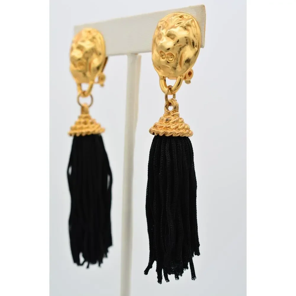 Vintage Lion Head Black Tassel Clip On Statement Earrings Brushed Gold 80s BinAR